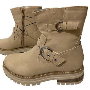 Time and Tru Moto Ankle Boots Womens 6.5 Beige Buckles Grunge Chunky Stompers